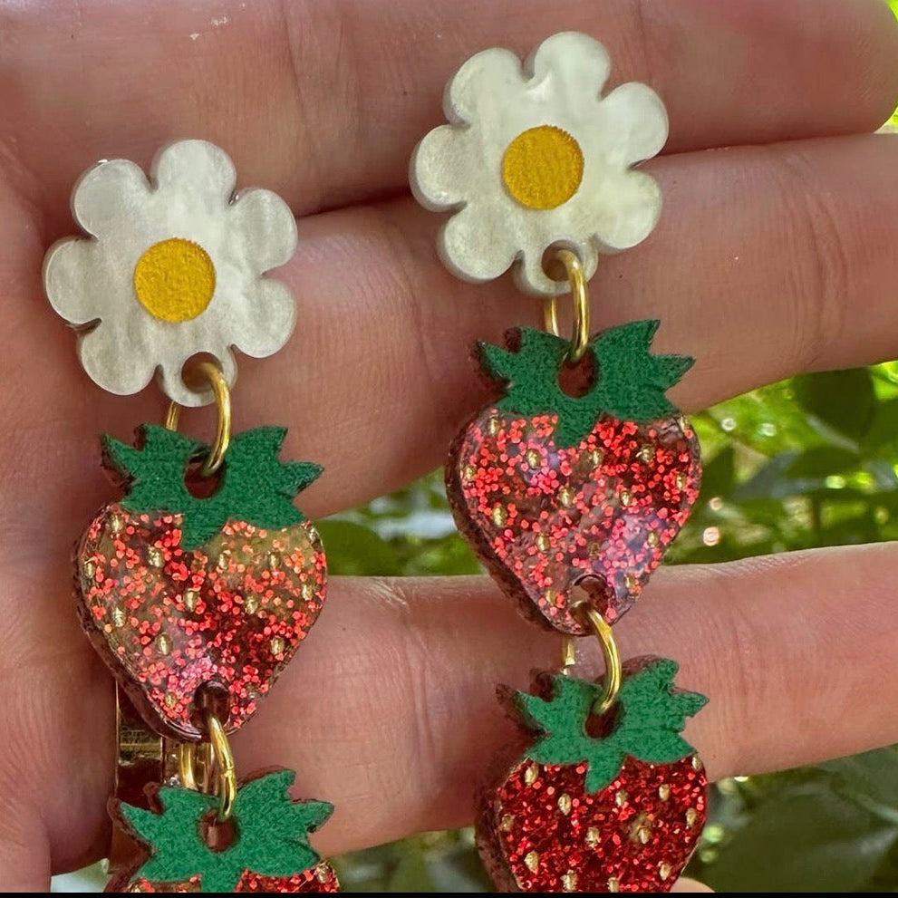 Sparkle Strawberry & Daisy Earrings
