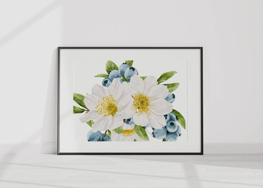 Blueberries & Flowers Art Print