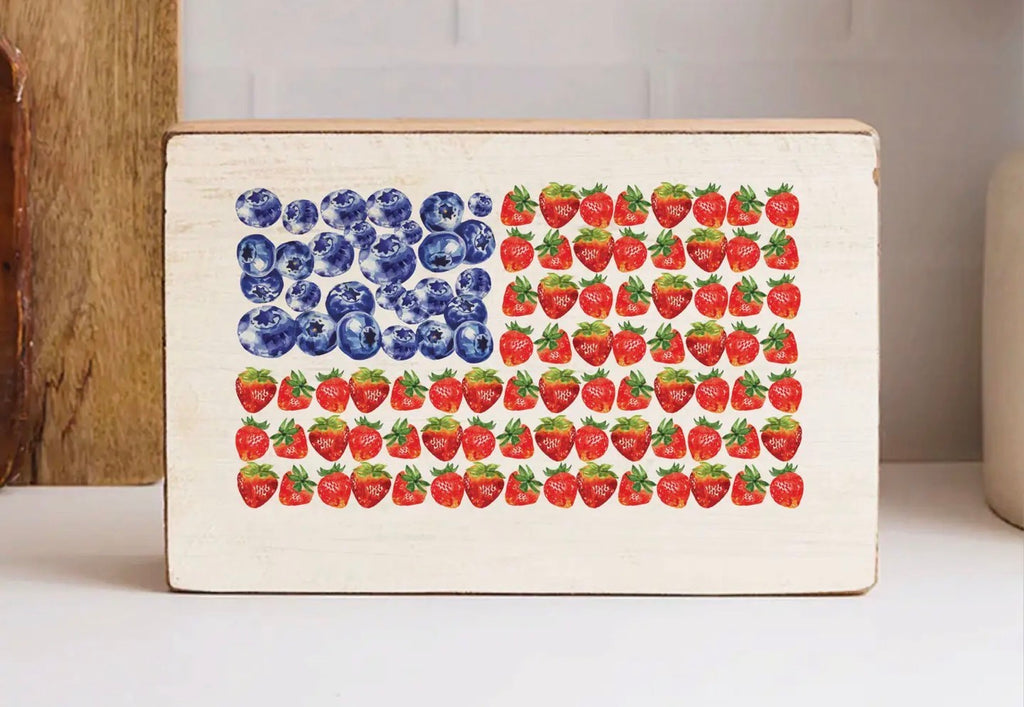 American Flag Berries Wood Block