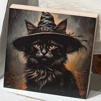 Witchy Black Cat Mini Wood Block