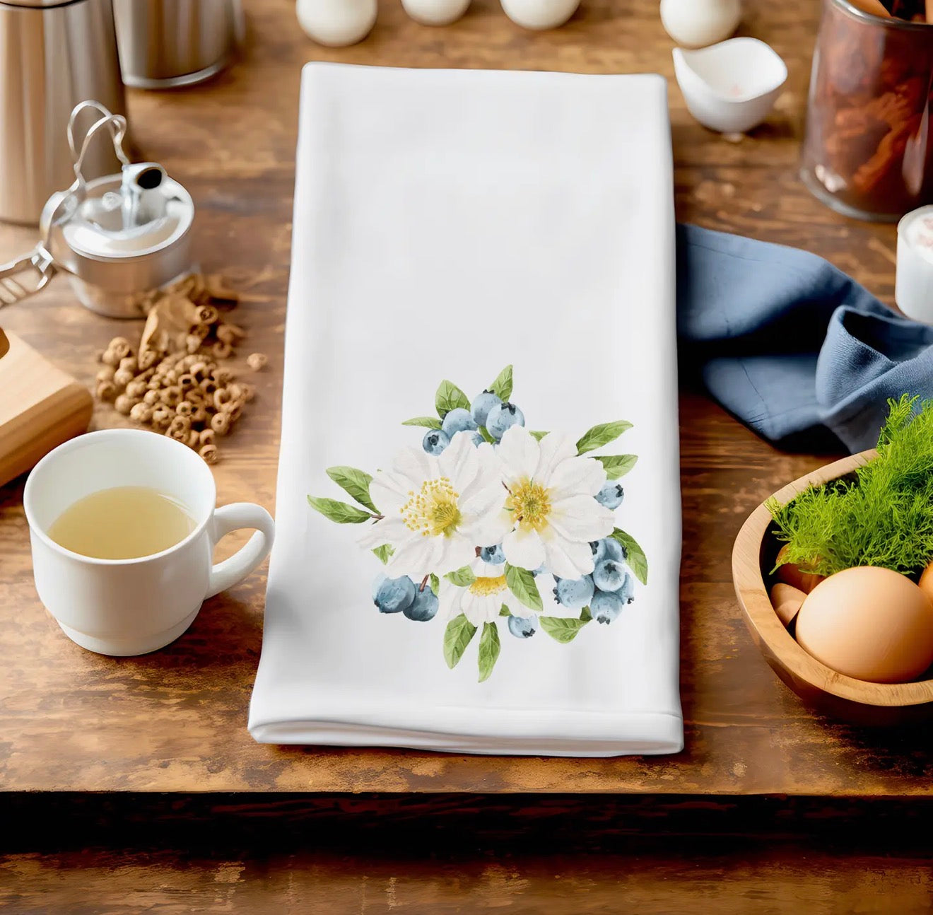 Watercolor Blueberries & Flowers Tea Towel