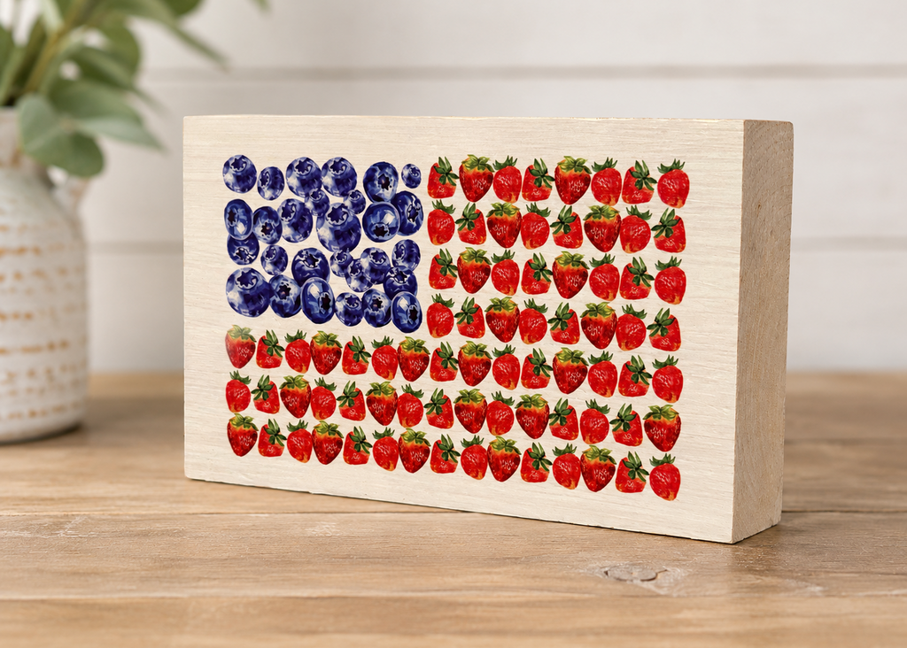 American Flag Berries Wood Block