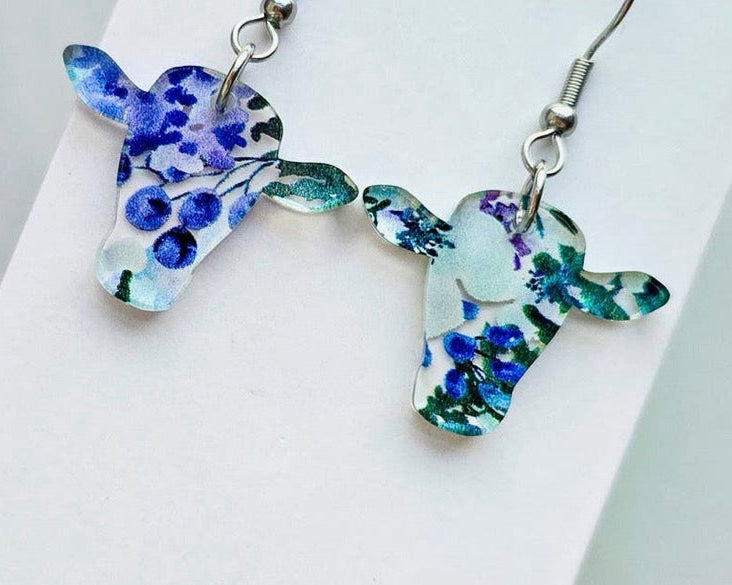 Blueberry Floral Cow Earrings