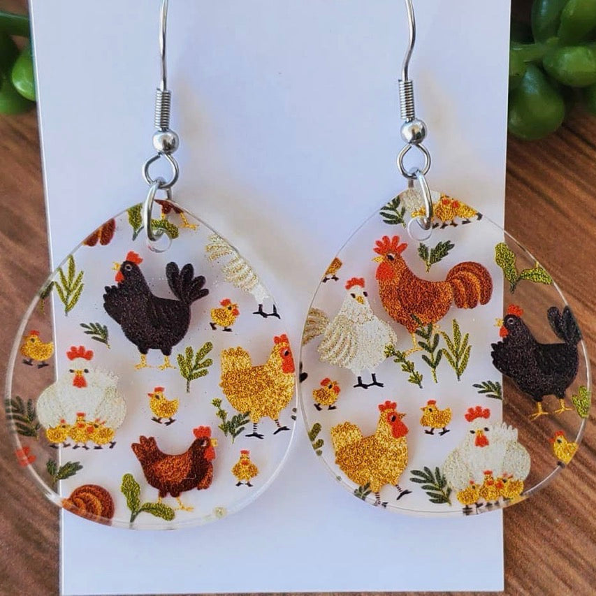 Chickens Wide Teardrop Earrings