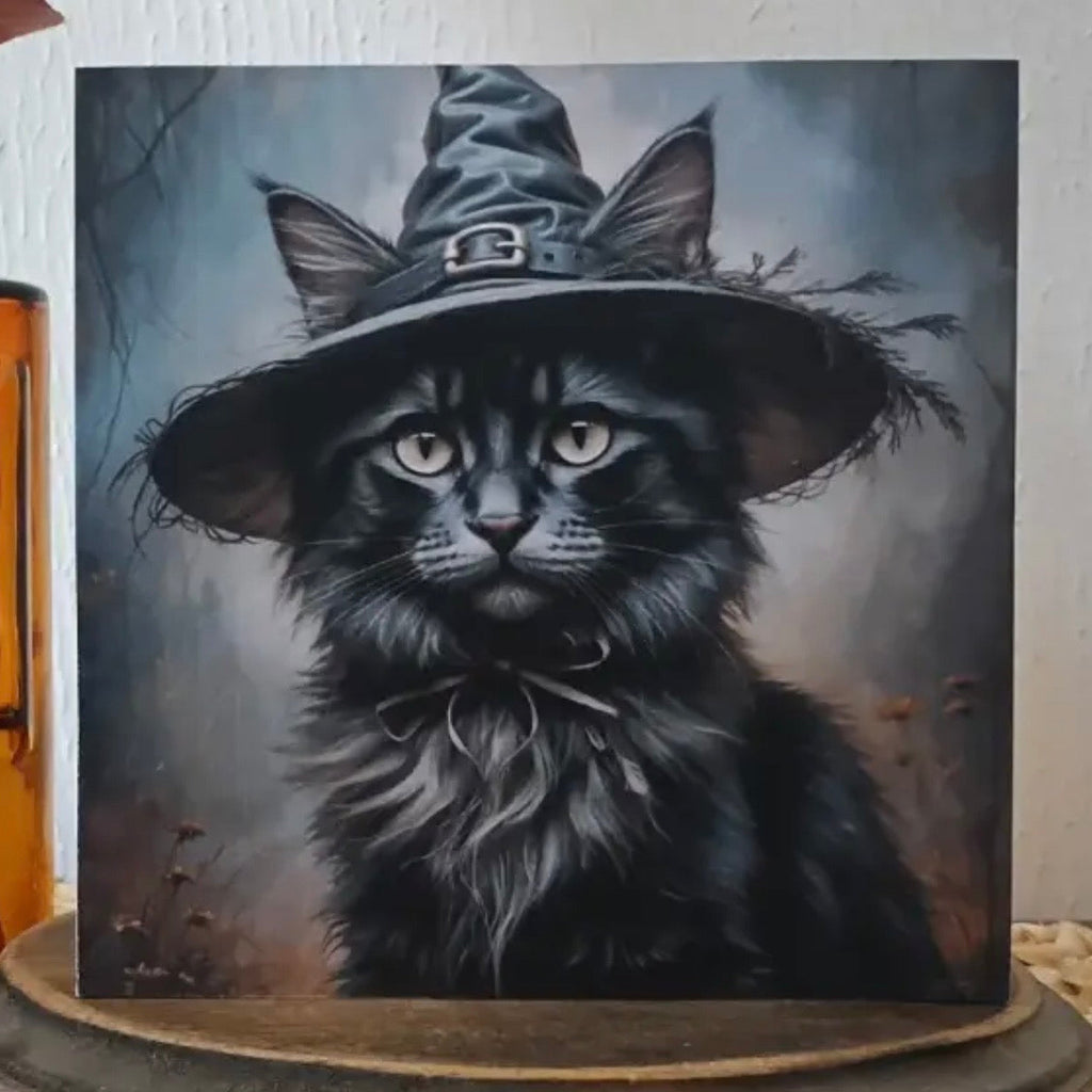 Witchy Black Cat Mini Wood Block