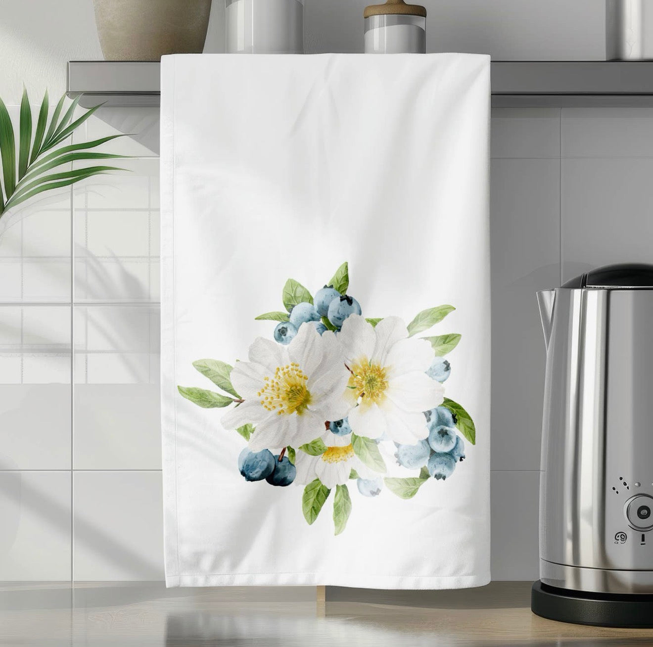 Watercolor Blueberries & Flowers Tea Towel