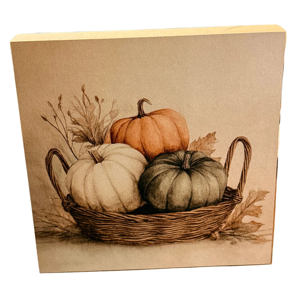 Fall Pumpkin Basket Mini Wood Block