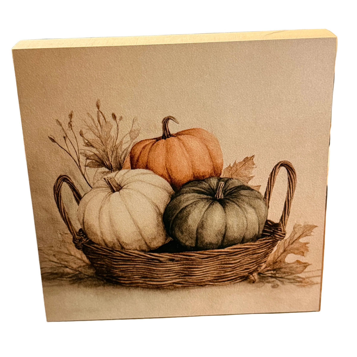 Fall Pumpkin Basket Mini Wood Block